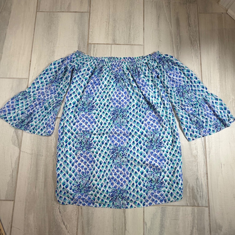 Lilly Pulitzer Blue Green Pineapple Off Shoulder Bell Sleeve Blouse Size L